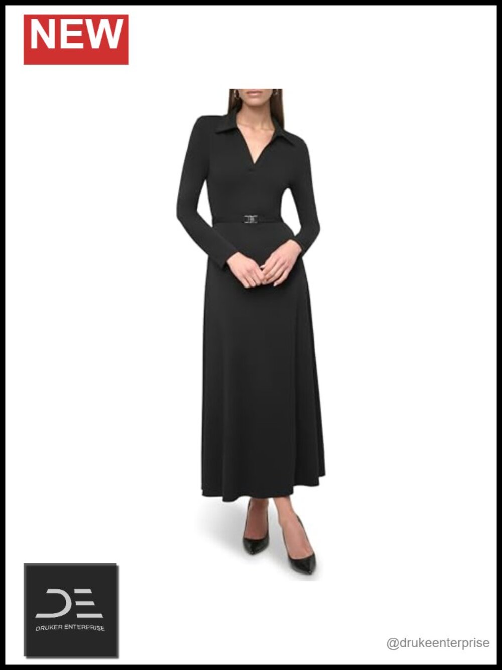 Long Sleeve Collared Neck Scrunched Buckle Belt Maxi Dress